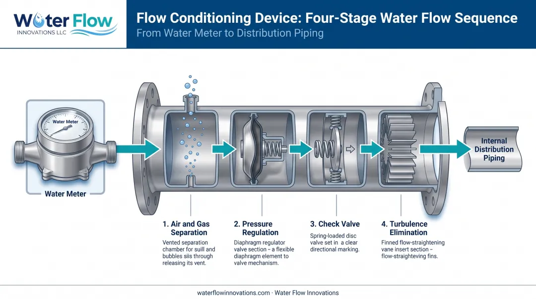 Flow Conditioning Device four-component water treatment workflow diagram