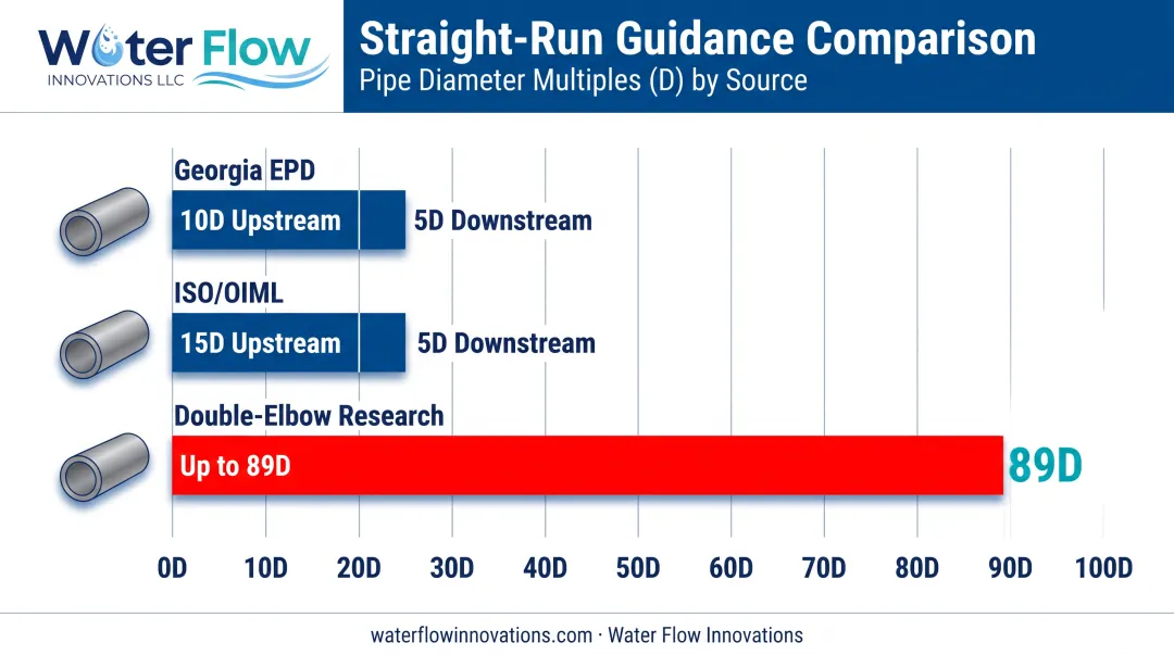 Comparison chart of straight-run pipe distance requirements by source