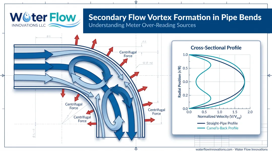 Vortex pair formation diagram showing centrifugal force in pipe bend