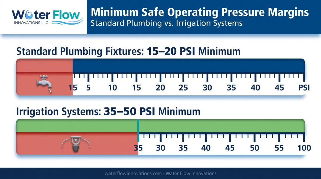 Safe operating pressure margin chart for plumbing and irrigation fixtures