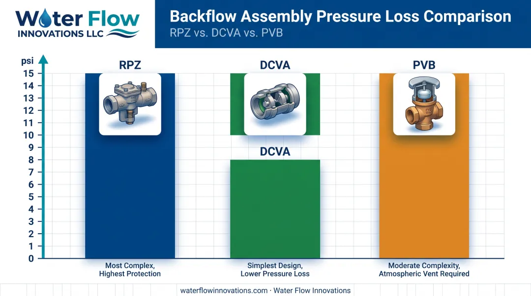 Comparison chart of RPZ, DCVA, and PVB pressure drop ranges
