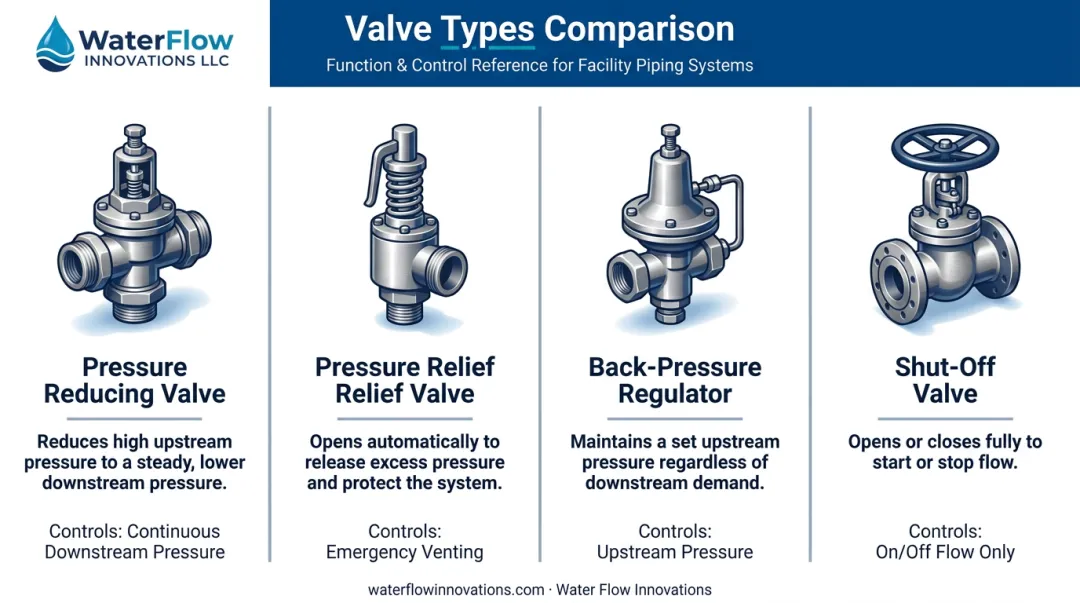 Comparison chart differentiating pressure reducing valve relief valve and shut-off valve
