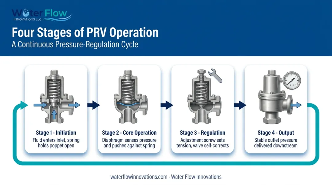 Four-stage pressure reducing valve operation cycle from initiation to output
