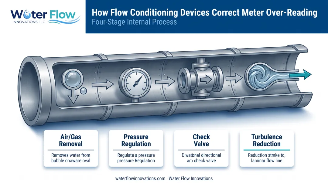 4-component flow conditioning device design showing air removal and pressure regulation