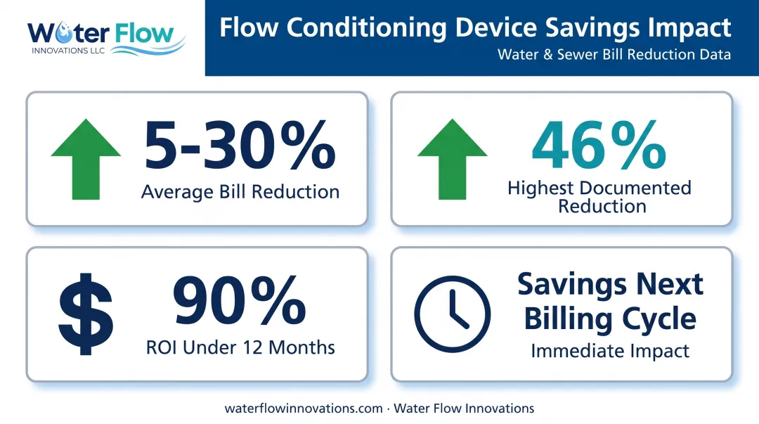Water bill savings statistics from flow conditioning device installation
