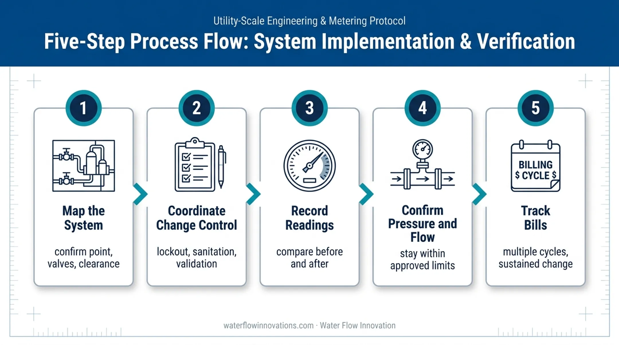 Five-step CIP flow conditioning installation verification process