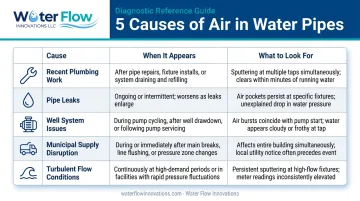 Five root causes of air in water pipes comparison table infographic