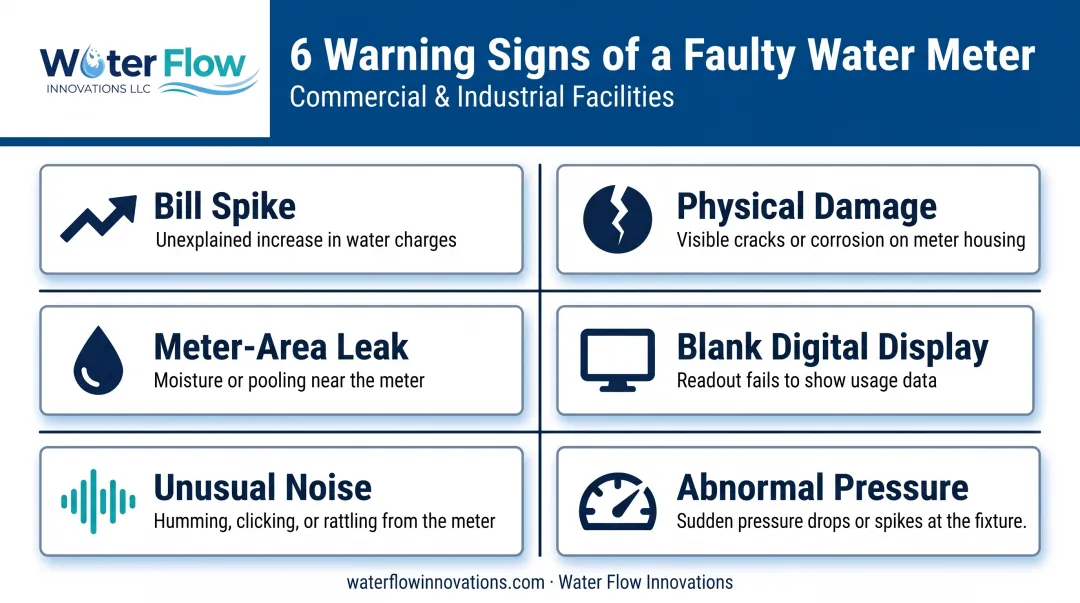 Six common signs of a faulty water meter checklist infographic