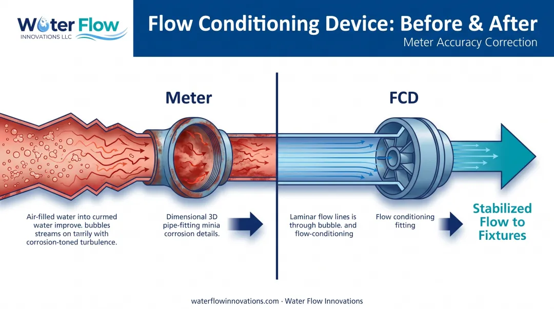 Flow Conditioning Device installation process reducing turbulence and air in water lines