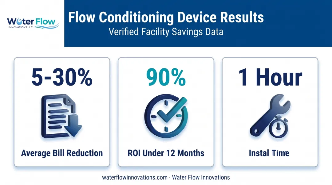 Water bill savings statistics from flow conditioning device installation results