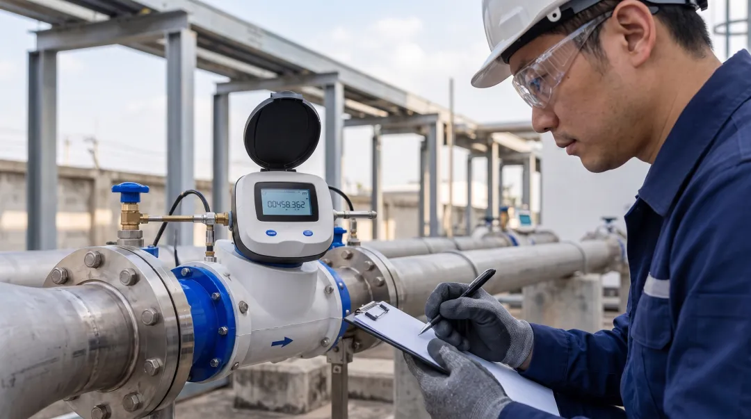 Technician inspecting commercial water meter display for damage or malfunction