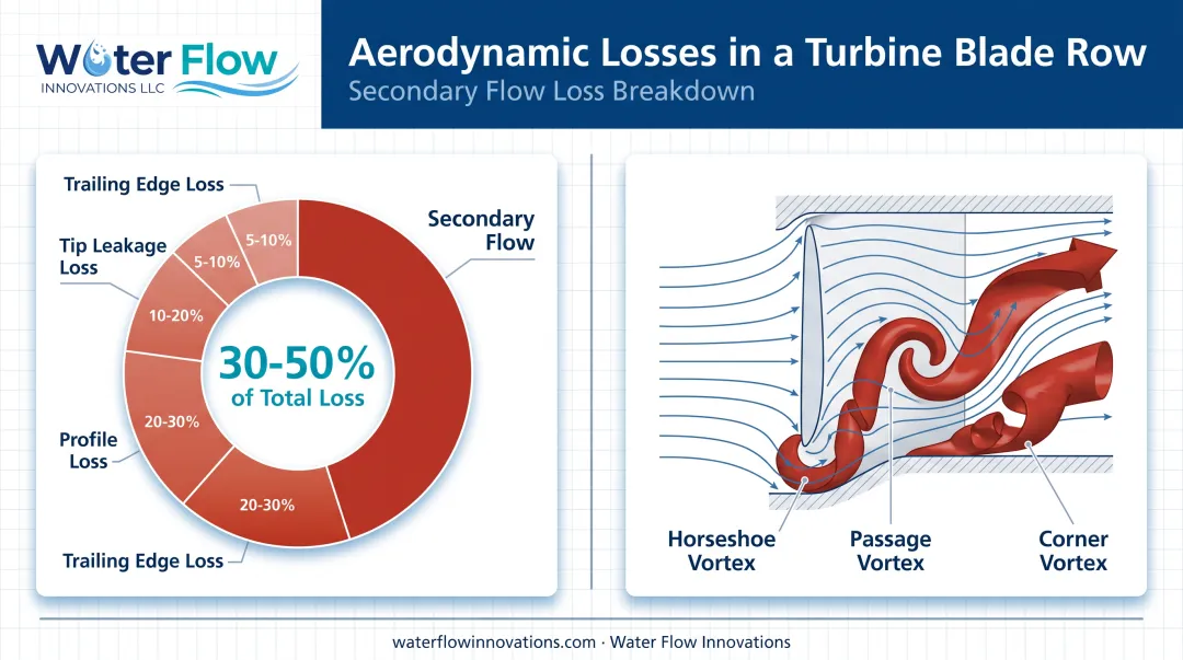Turbine blade row aerodynamic loss breakdown from secondary flow structures