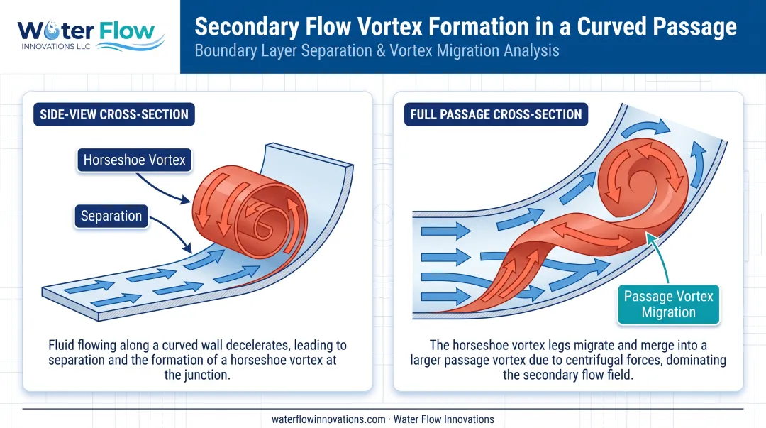 Horseshoe and passage vortex formation diagram in curved pipe bend