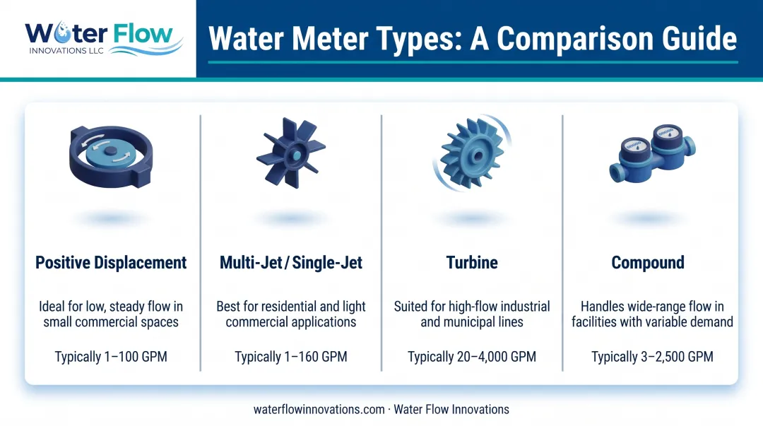 Four types of main water meters compared by flow range and use case