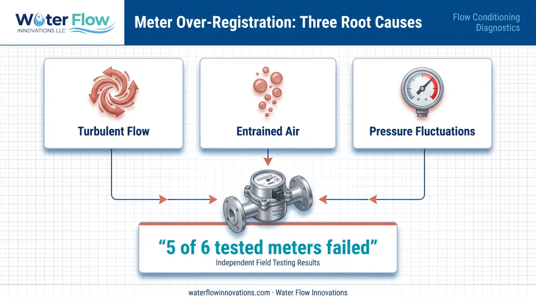 Water meter over-registration causes from turbulence air and pressure fluctuations