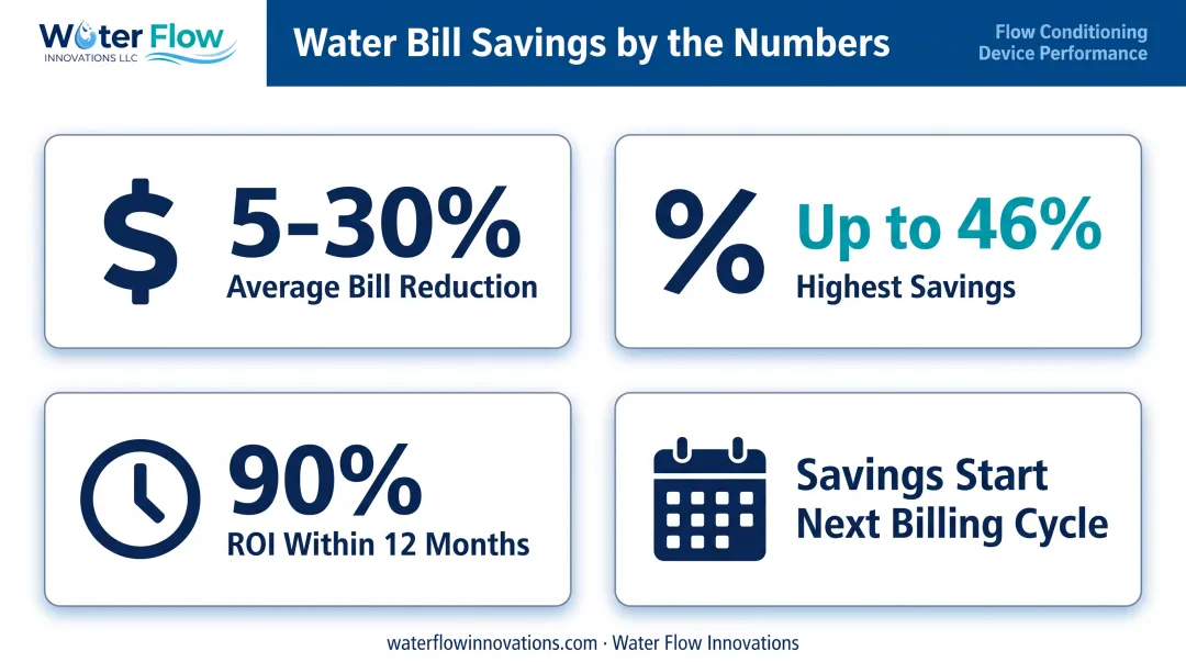 Water bill savings statistics from flow conditioning device installation
