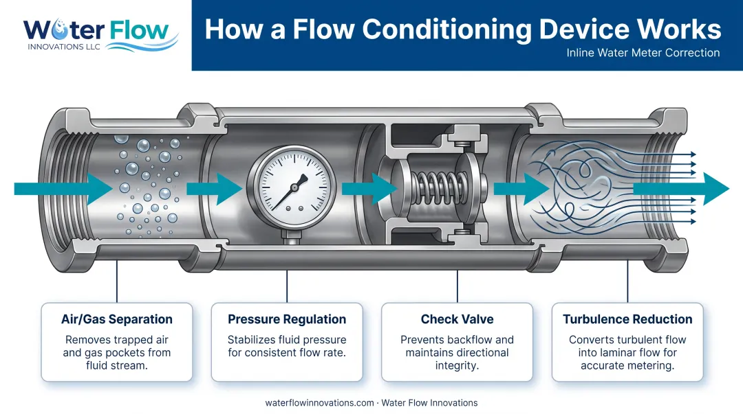 Flow Conditioning Device four-component process diagram for meter accuracy