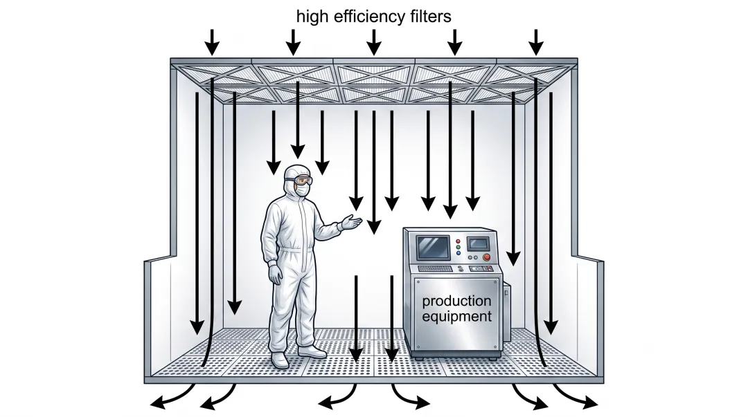 Cleanroom HEPA filtration system with unidirectional laminar airflow