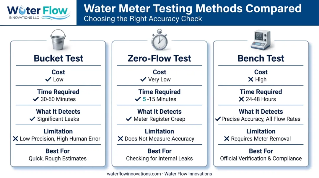 Bucket test zero-flow test and bench test method comparison