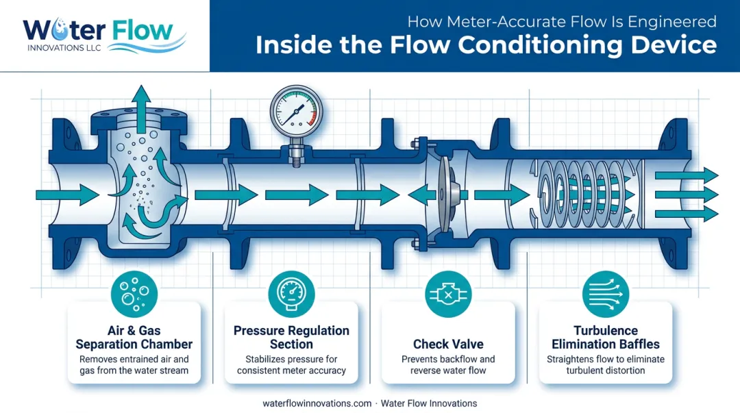 Flow Conditioning Device four-component mechanism for accurate water metering