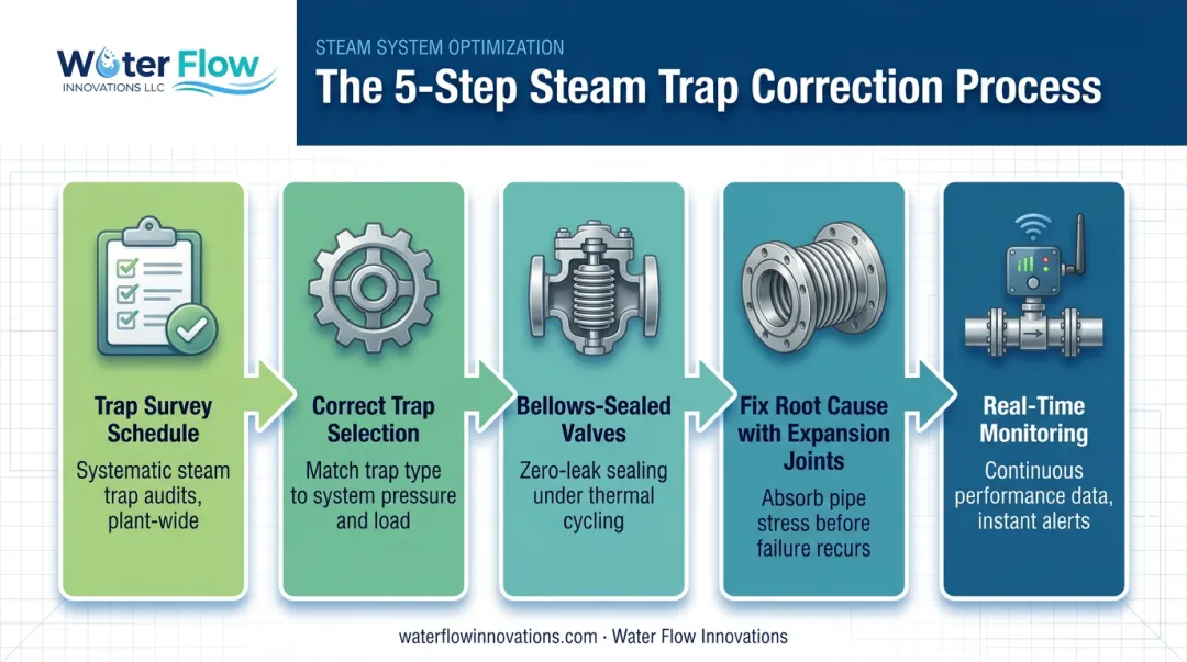 Five-step steam leak prevention and maintenance program flow