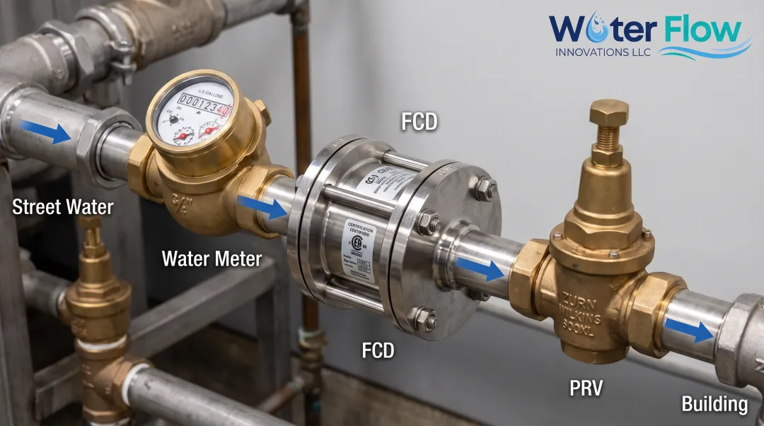 Flow Conditioning Device installed on industrial water meter piping