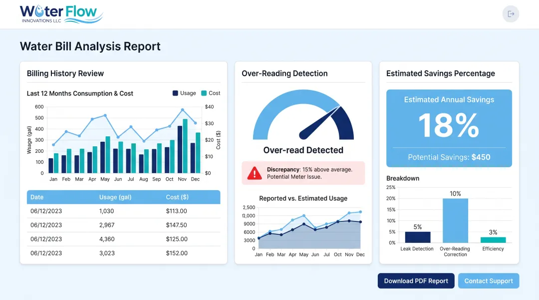 Water bill analysis report showing flow correction savings estimate