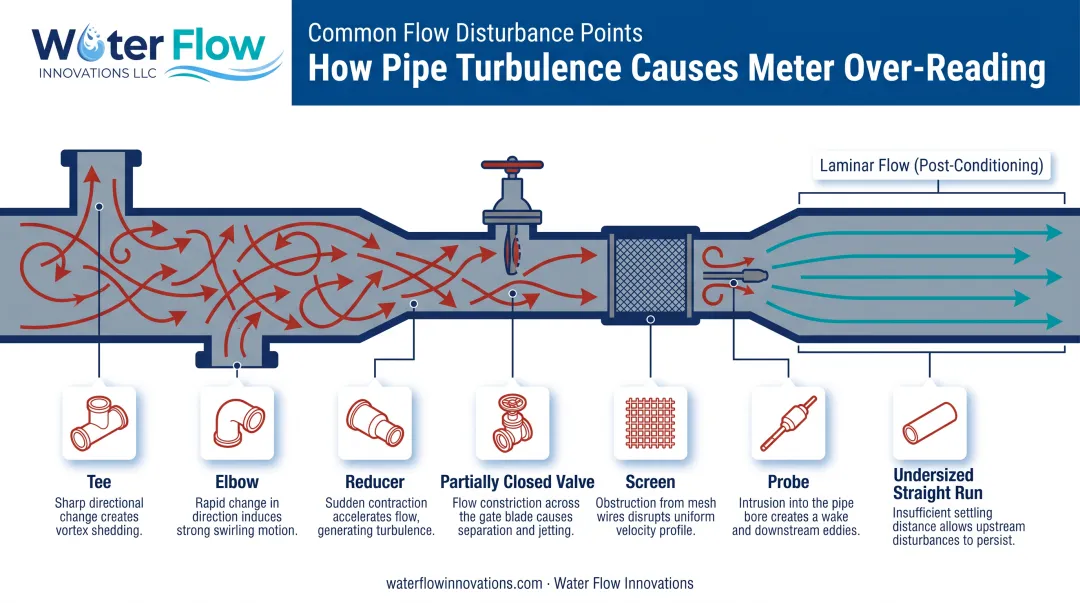 Common causes of industrial pipe flow turbulence and disturbance points