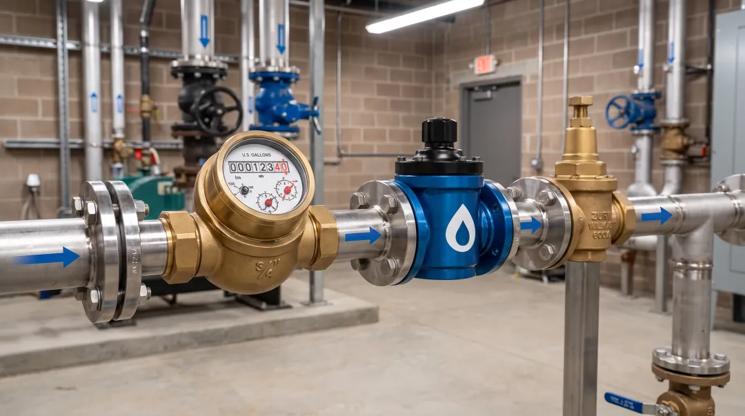 Flow Conditioning Device installed on stainless steel water meter pipeline