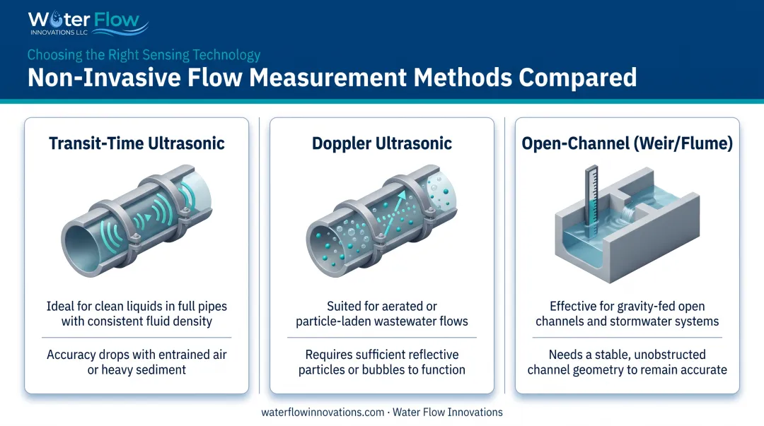 Ultrasonic transit-time versus Doppler flow meter and open-channel measurement comparison