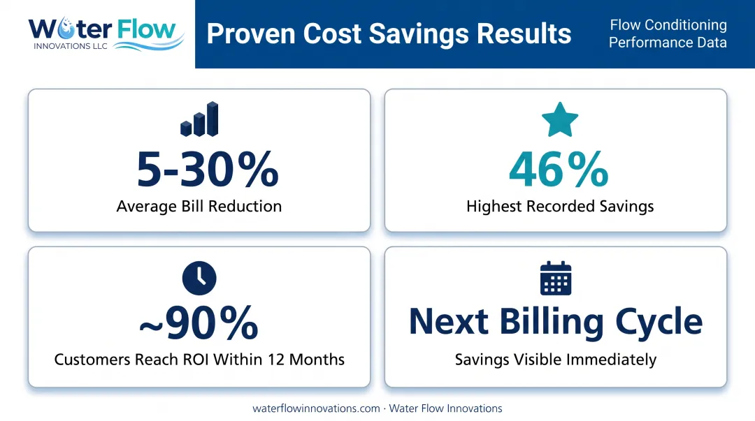 Water bill savings statistics from flow conditioning device installation