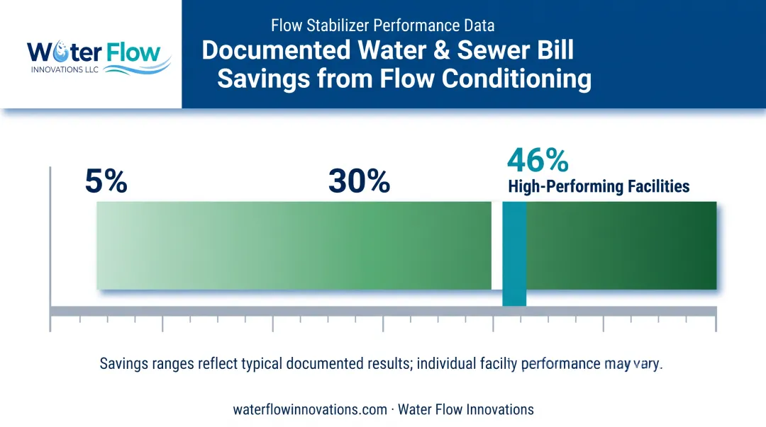 Water and sewer savings percentage range chart for flow stabilizer installations
