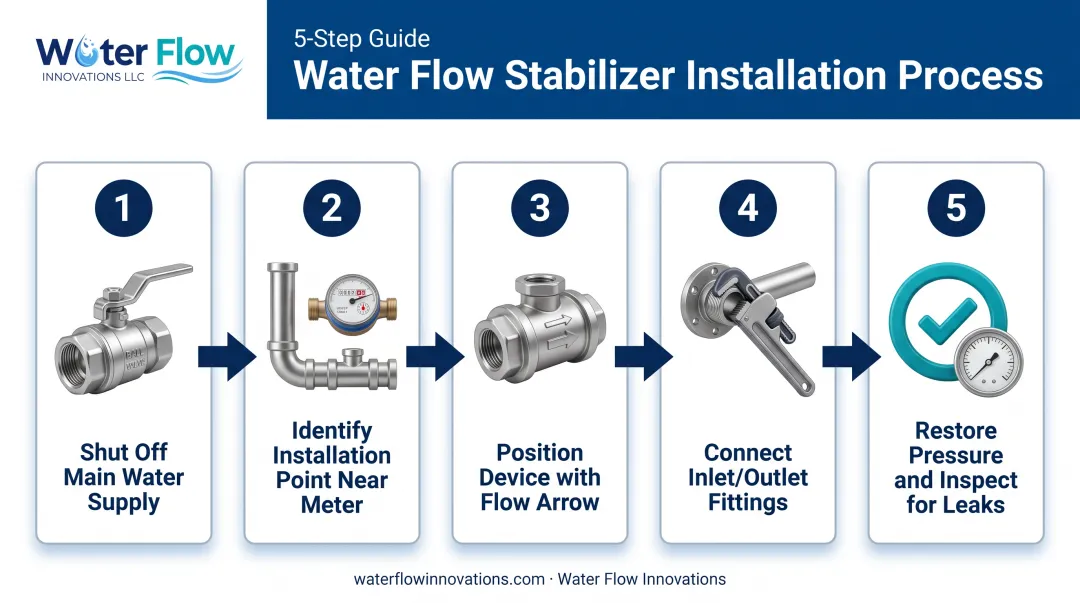 5-step water flow stabilizer installation process from shutoff to leak check