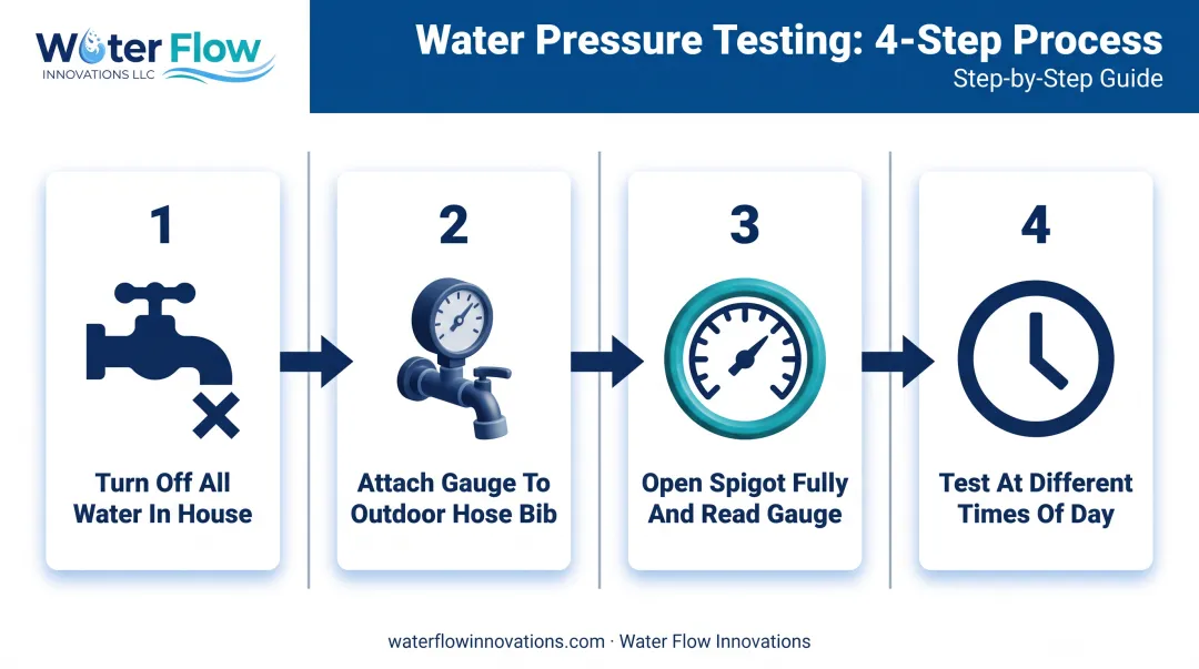4-step DIY water pressure testing process using hose bib gauge