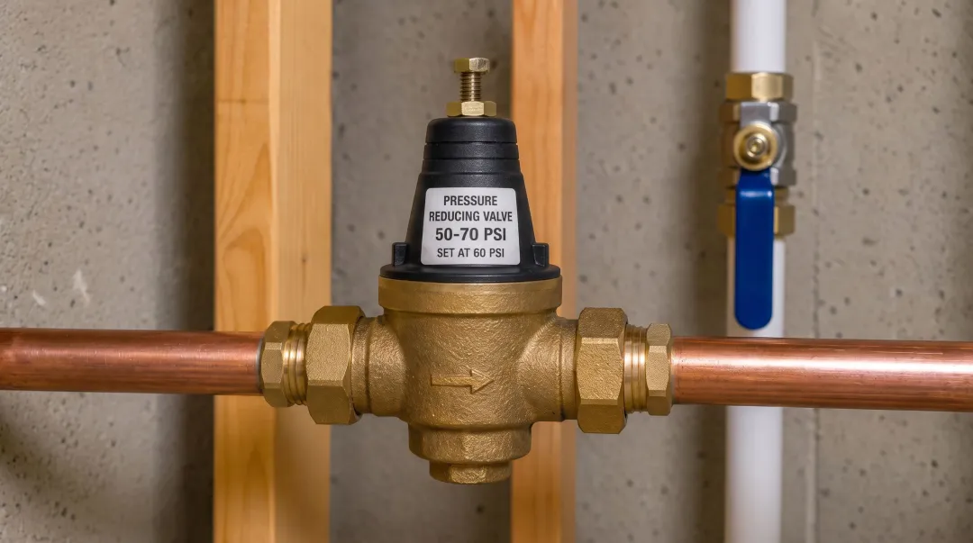 Brass pressure-reducing valve with certification markings installed on pipe