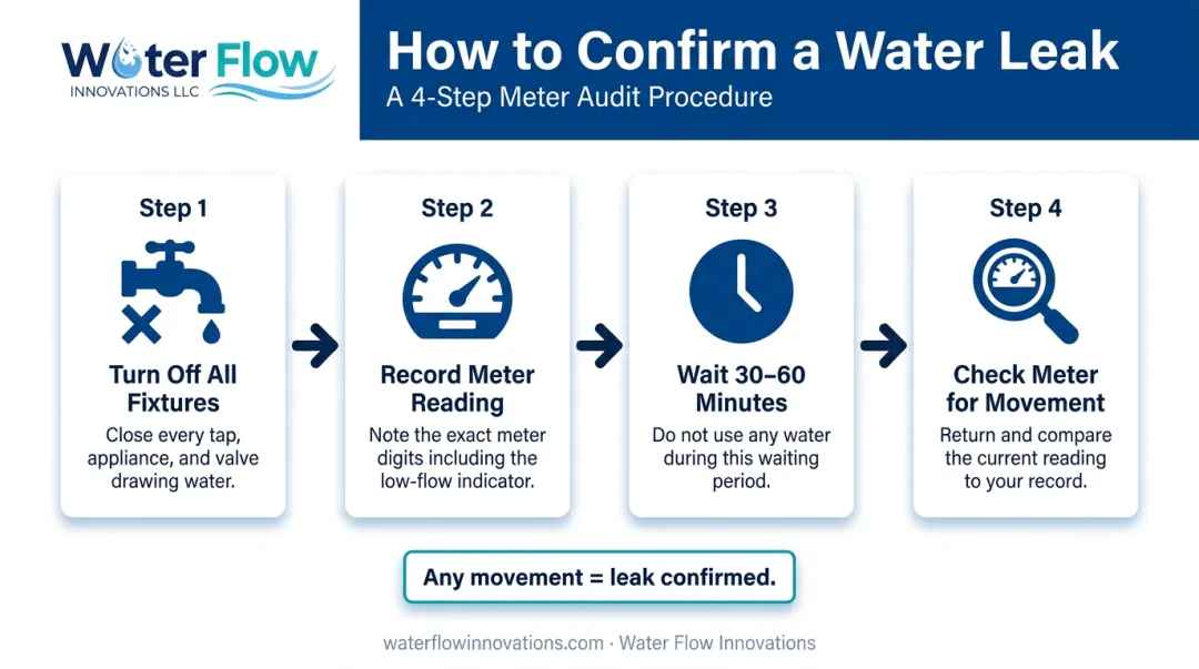 Four-step commercial building water leak detection test using meter shut-off method