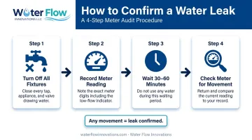 Four-step commercial building water leak detection test using meter shut-off method