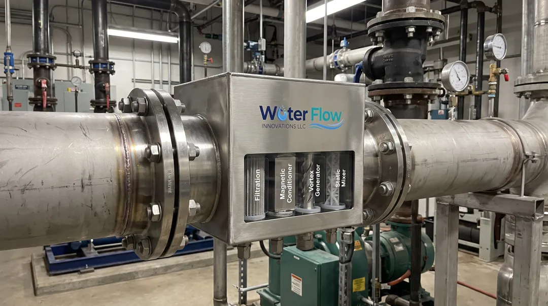 Water Flow Innovation Flow Conditioning Device installed on stainless steel pipeline