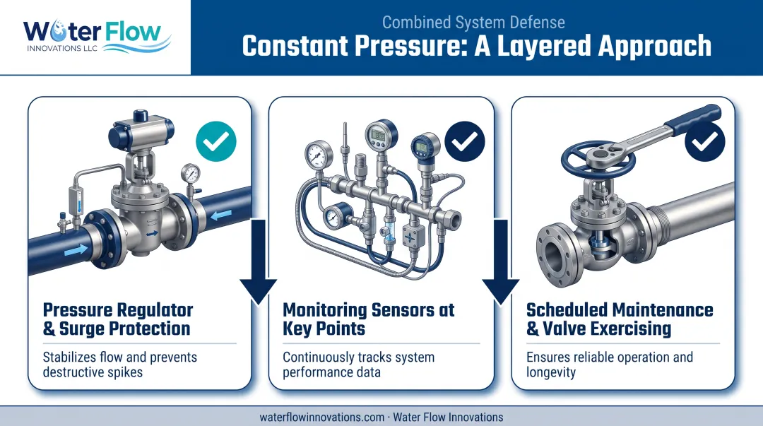 Three-layer pipeline pressure stabilization strategy combining regulators sensors and maintenance
