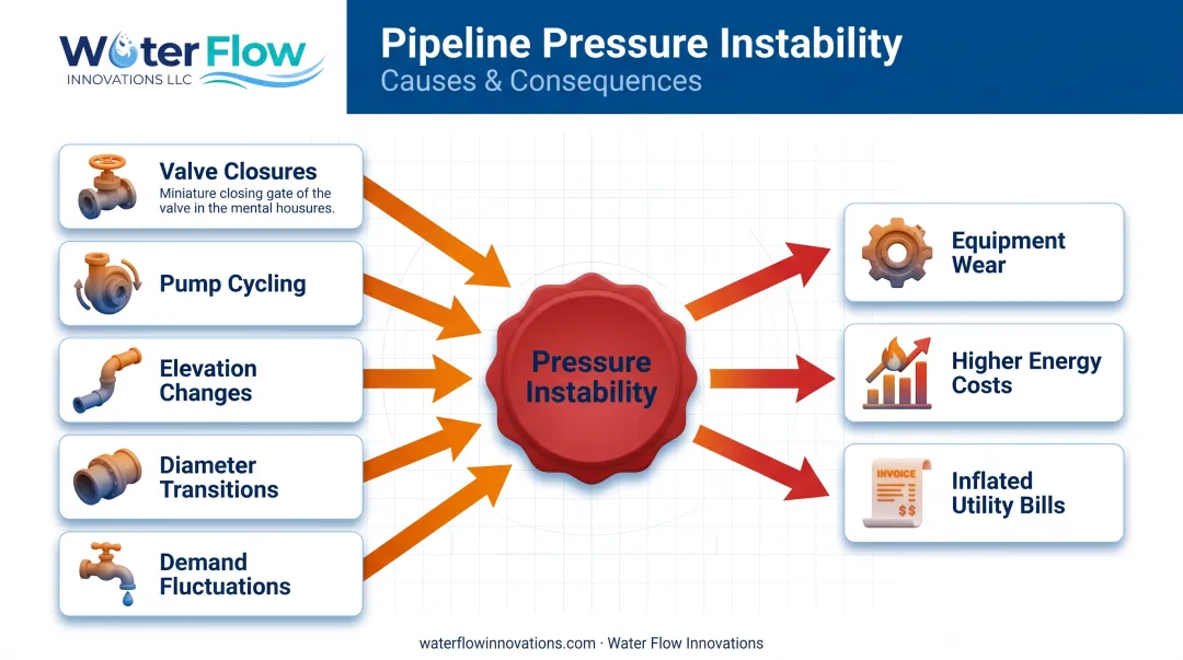 Pipeline pressure instability causes and cascading consequences flow diagram