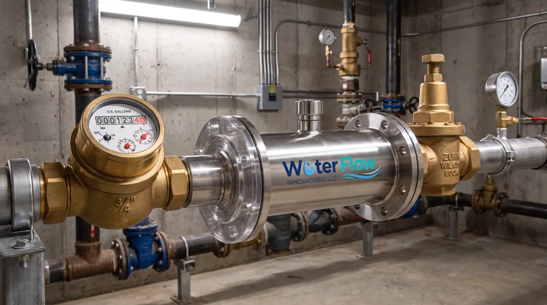 Flow Conditioning Device four-component system installed after water meter
