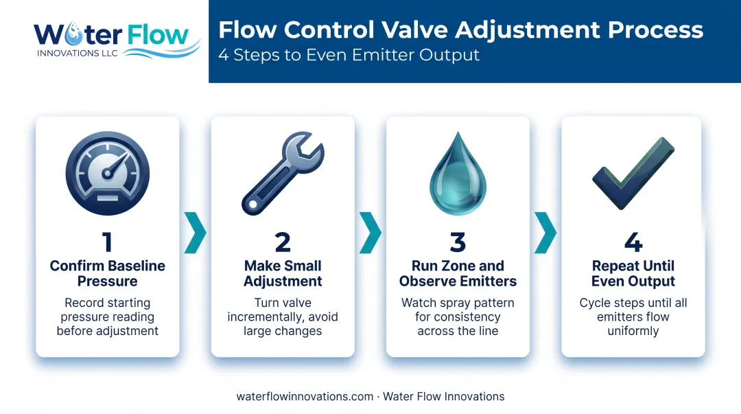 Step-by-step flow control valve adjustment process for drip zones