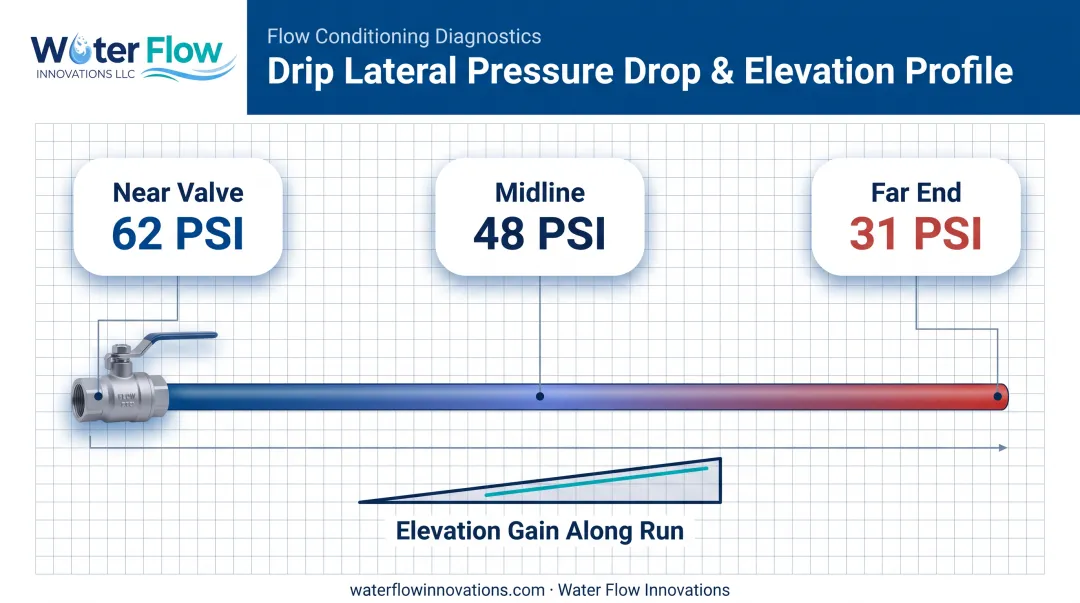 Drip irrigation pressure drop across zone length and elevation change