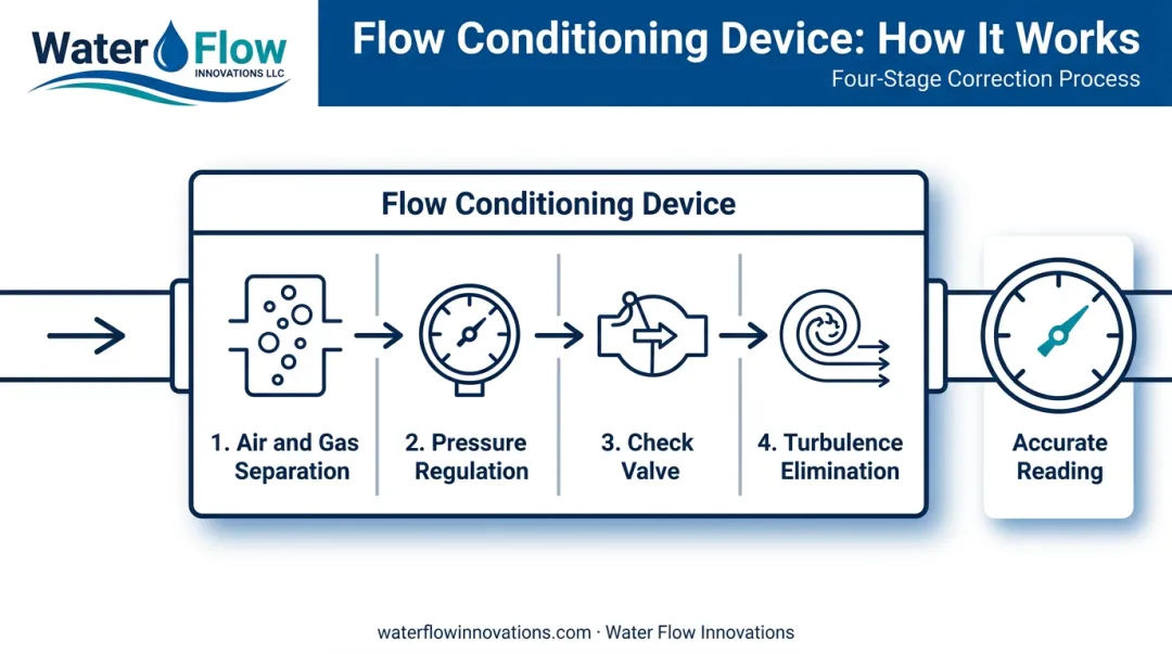Flow Conditioning Device four-part system correcting meter over-registration