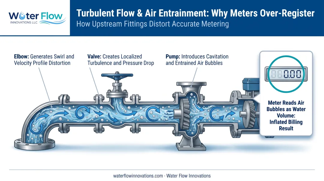 Air entrainment and turbulence causing water meter over-reading diagram