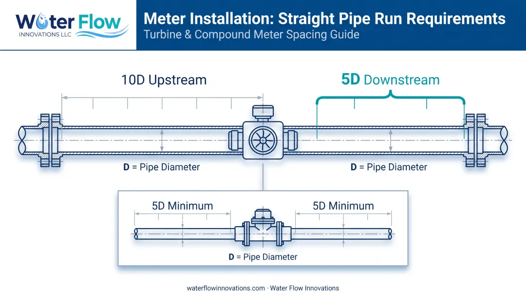 Required straight pipe length diagrams for accurate meter installation