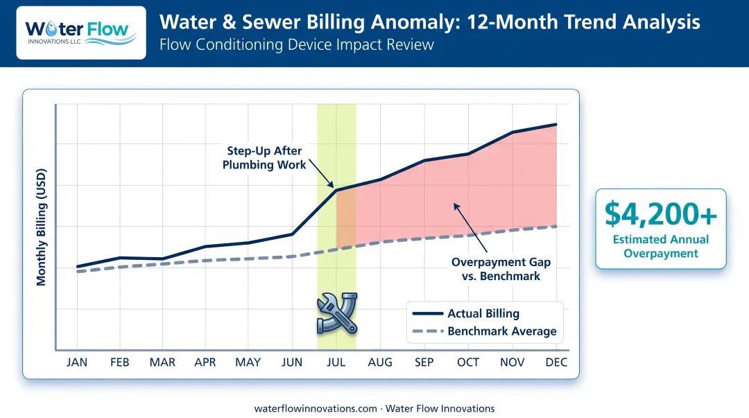Water bill trend chart showing overpayment warning signs and benchmarks