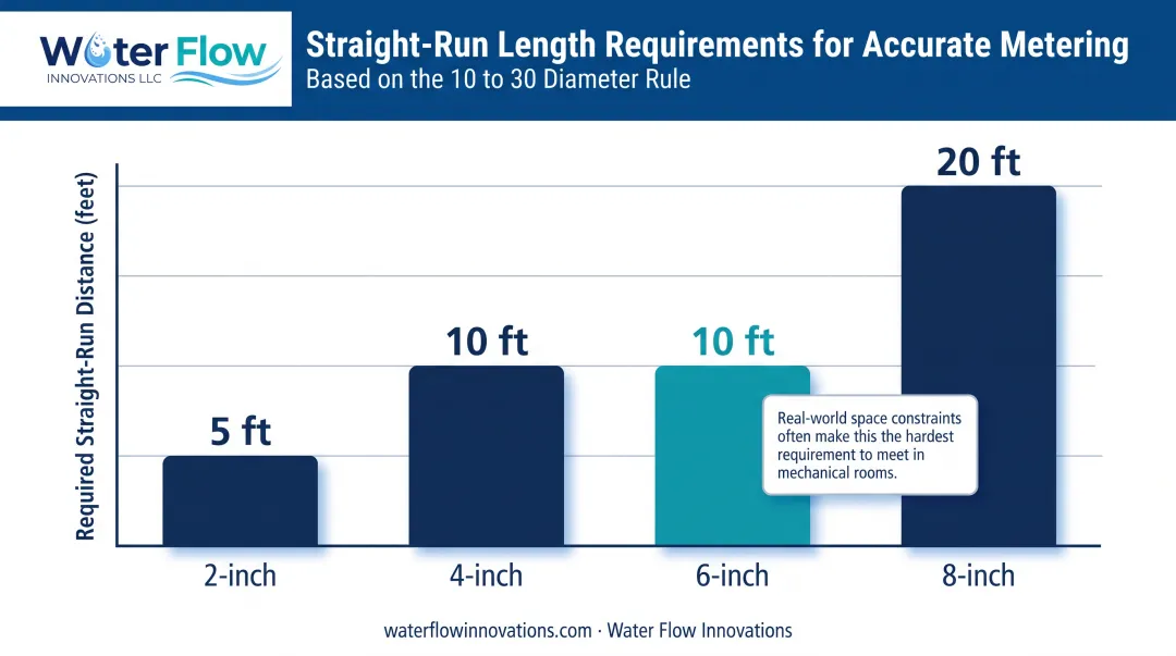 Required straight pipe run length comparison across different pipe diameters