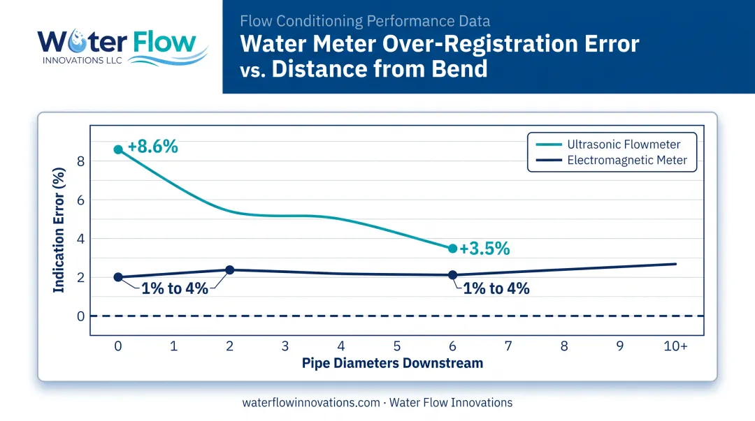 Meter measurement error percentage versus distance downstream from bend