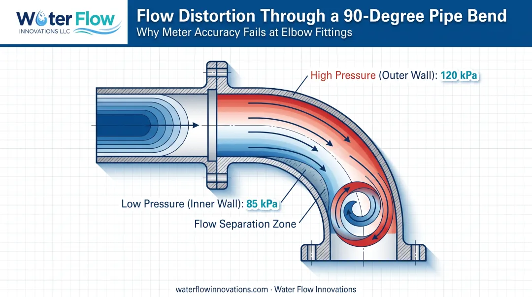 Dean vortices secondary flow pattern forming after pipe bend